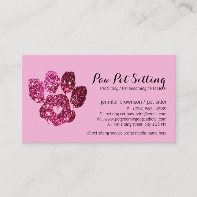 Pink Stylish Dog Cat Grooming Pet Sitter Paw Business Card (Front)