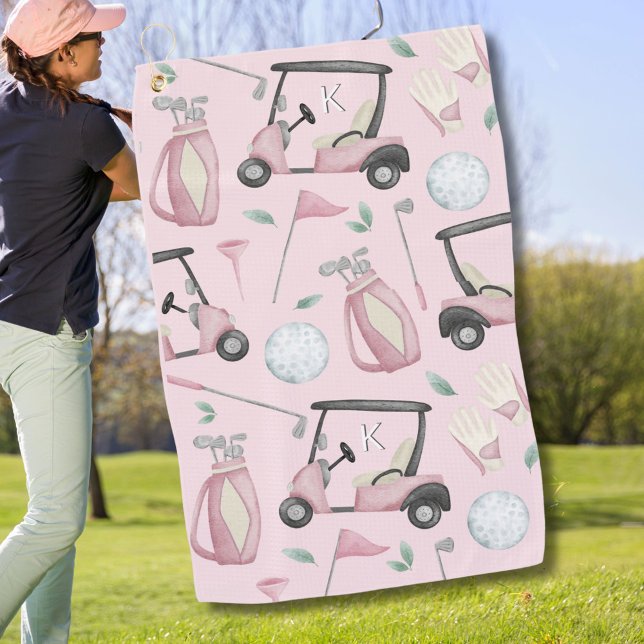 Pink Stylish Feminine Golf Design Custom Monogram Towel (Creator Uploaded)