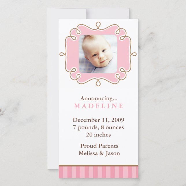 Pink Stylish Frame Photo Birth Announcements (Front)