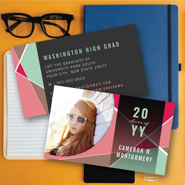 Pink Stylish Geometric Lines Mod Photo Graduate Calling Card (Hot Pink Stylish Geometric Criss Cross Photo Graduation Calling/Name Card @ zazzle.com/color_therapy)