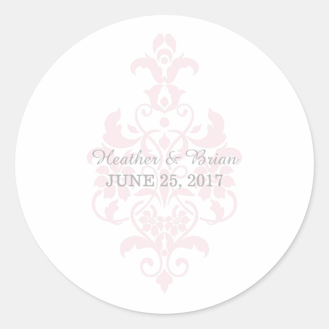 Pink Subtle Damask Wedding Stickers (Front)