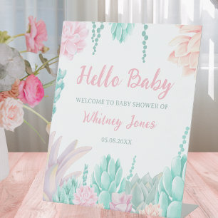 Pink Succulent Hello Baby Girl Shower Welcome Pedestal Sign