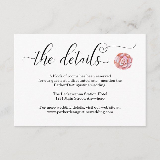 Pink Succulent Information Enclosure Card (Front)