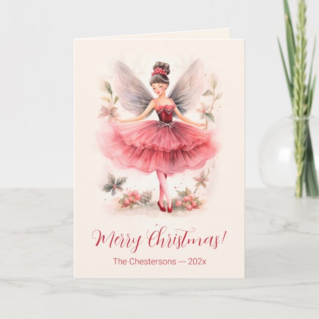 Pink Sugar Plum Fairy Vintage Christmas Card (Front)