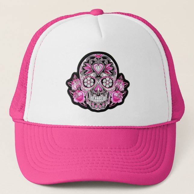 Pink Sugar Skull and Roses Trucker Hat (Front)