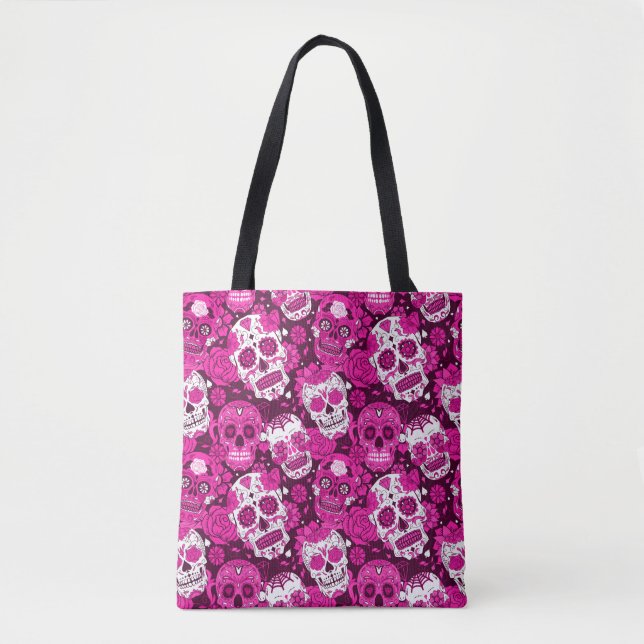 Pink sugar skull floral ornamental pattern tote bag (Front)