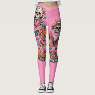 Pink Sugar Skull, Old School Tattoo Leggings