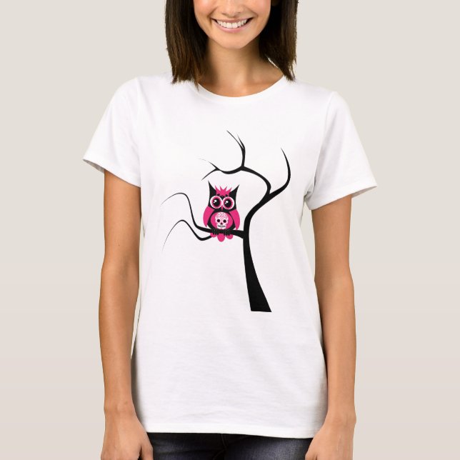 Pink Sugar Skull Owl in Tree T-Shirt (Front)