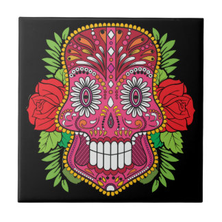 Pink Sugar Skull With Red Roses Green Leaves Tile