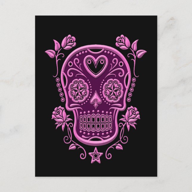 Pink Sugar Skull with Roses on Black Postcard (Front)