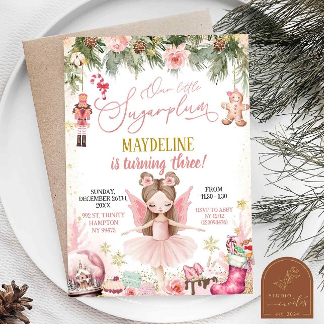 Pink Sugarplum Ballerina Christmas Birthday Girl  Invitation (Creator Uploaded)