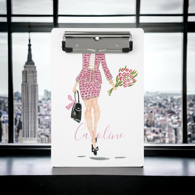 Pink Suit Black Purse Flowers Woman Chic Fashion Mini Clipboard (Creator Uploaded)