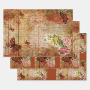 Pink Summer Butterfly with Flowers Ephemera  Wrapping Paper Sheet