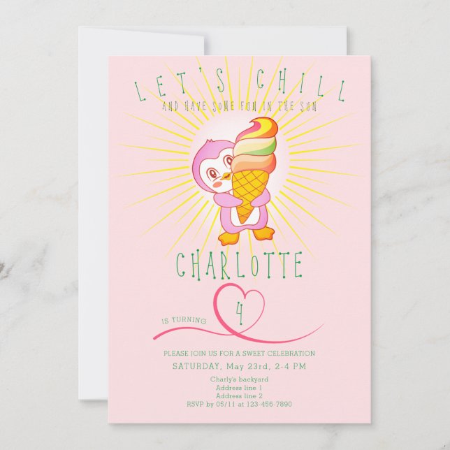 Pink Summer Chill Ice Cream Funny Penguin Birthday Invitation (Front)