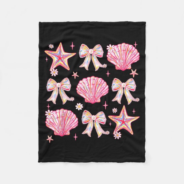 Pink Summer Coquette Bow Clam Summer Vibes Beach Fleece Blanket (Front)
