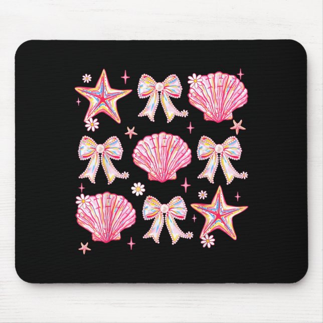 Pink Summer Coquette Bow Clam Summer Vibes Beach Mouse Pad (Front)