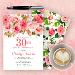 Pink Summer Floral Pretty 30th Birthday Invitation<br><div class="desc">Roses, peonies and daises create pretty summer pink floral design. Buds and foliage add a rustic vibe. 30th is written in a large bold text. It can be changed for any year you wish. The birthday celebrant's name is written in an elegant script font. The back of the invitation is...</div>
