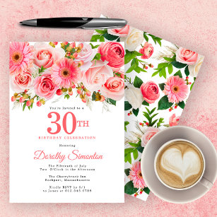 Pink Summer Floral Pretty 30th Birthday Invitation