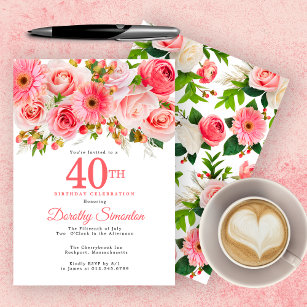Pink Summer Floral Pretty 40th Birthday Invitation