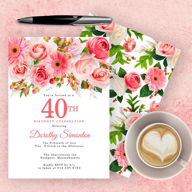 Pink Summer Floral Pretty 40th Birthday Invitation (Creator Uploaded)