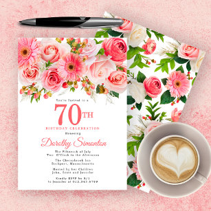 Pink Summer Floral Pretty 70th Birthday Invitation