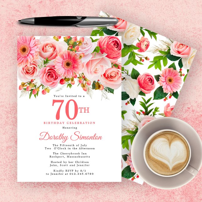 Pink Summer Floral Pretty 70th Birthday Invitation (Creator Uploaded)