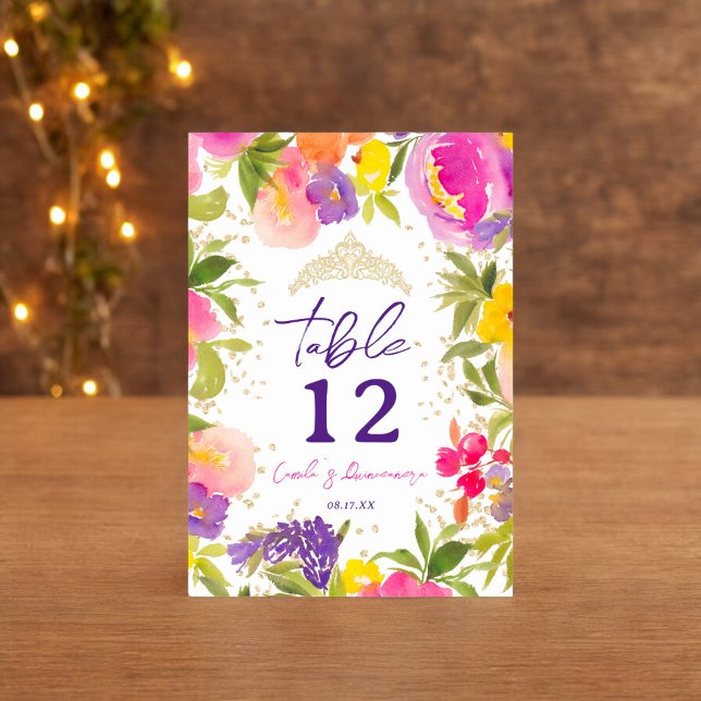 Pink summer floral watercolor gold Quinceanera Table Number (Pink summer floral watercolor gold Quinceanera Table Number)