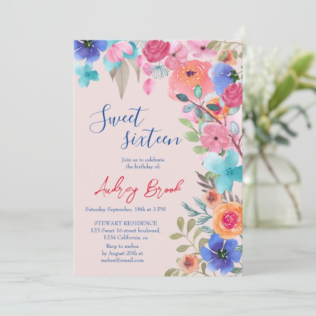 Pink summer floral watercolor photos Sweet 16  Invitation (Standing Front)