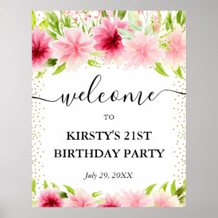 Pink Summer Flowers 21st Birthday Welcome Poster