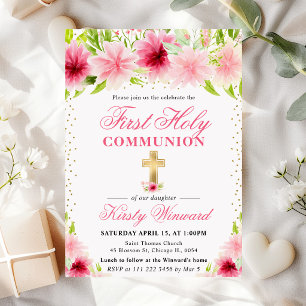 Pink Summer Flowers First Holy Communion Invitation