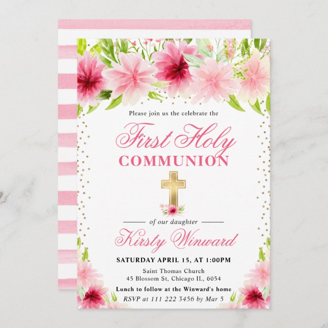 Pink Summer Flowers First Holy Communion Invitation (Front/Back)
