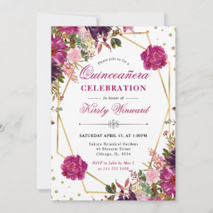 Pink Summer Flowers Flowers and Frame Quinceanera Invitation