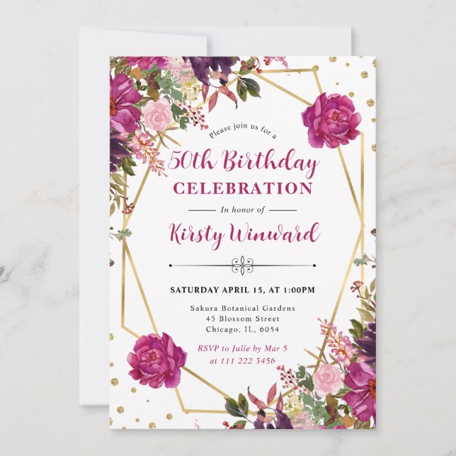 Pink Summer Flowers Frame 50th Birthday Invitation (Front)