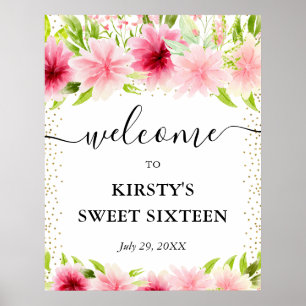 Pink Summer Flowers Sweet Sixteen Welcome Poster