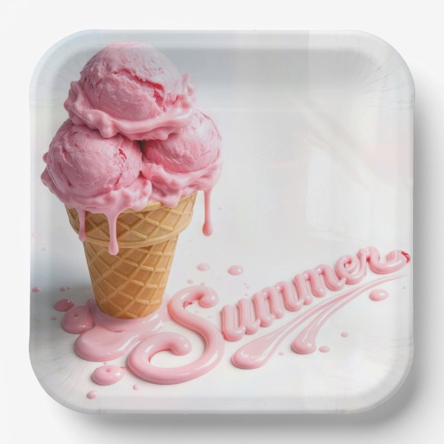 Pink Summer Ice Cream Cone Paper Plate (Front)