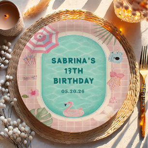 Pink Summer Pool Party Birthday Paper Plate