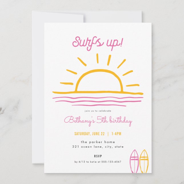 Pink Summer Surfs Up Party Birthday Invitation (Front)