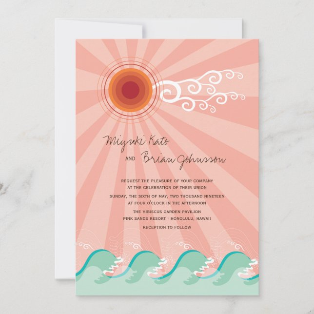 Pink Sun And Aqua Blue Waves Summer Beach Wedding Invitation (Front)