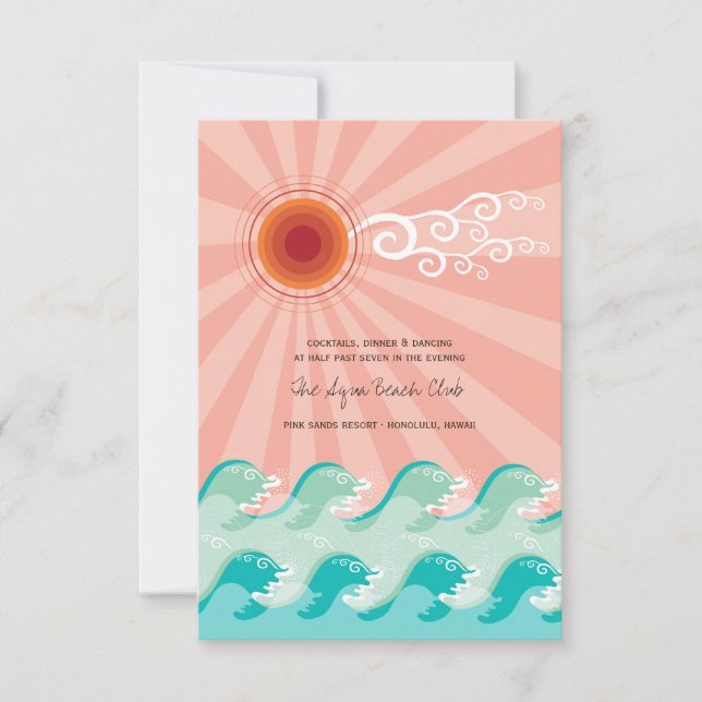 Pink Sun & Aqua Waves Beach Wedding Reception Card (Front)