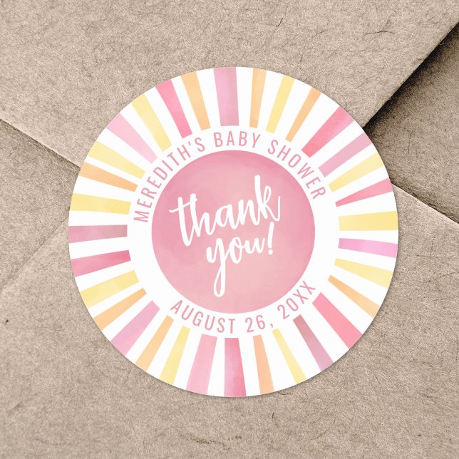 Pink Sun Baby Shower Classic Round Sticker (Pink Sun Baby Shower Classic Round Sticker)