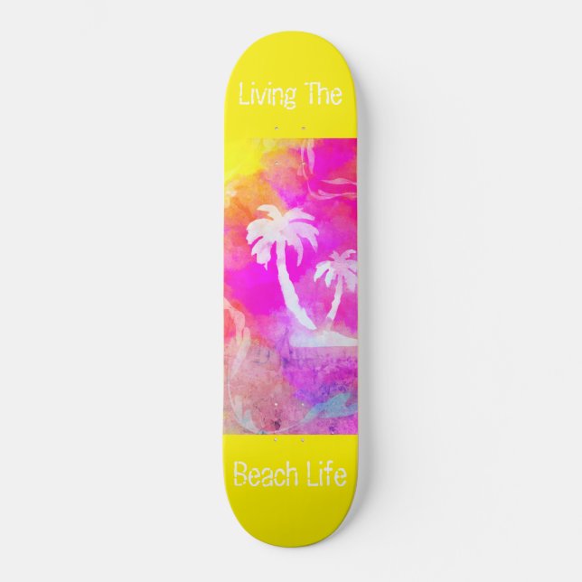 Pink Sun Set Colour Pop Palm Tree Beach Life   Skateboard (Front)