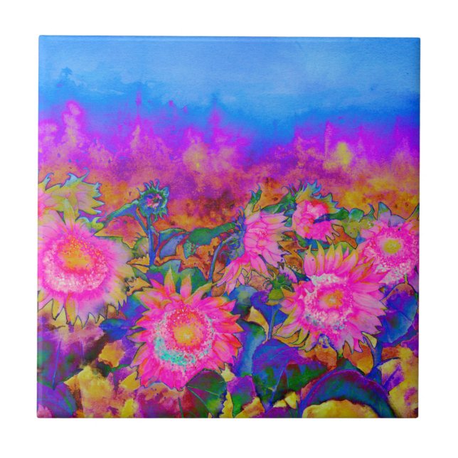 Pink sunflower abstract watercolor painting tile (Front)