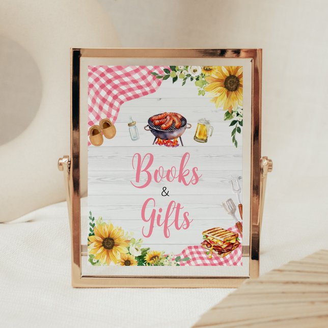 Pink Sunflower BBQ Baby Shower Books and Gifts Poster (Baby- Q Backyard Baby Shower Books and Gifts Sign)