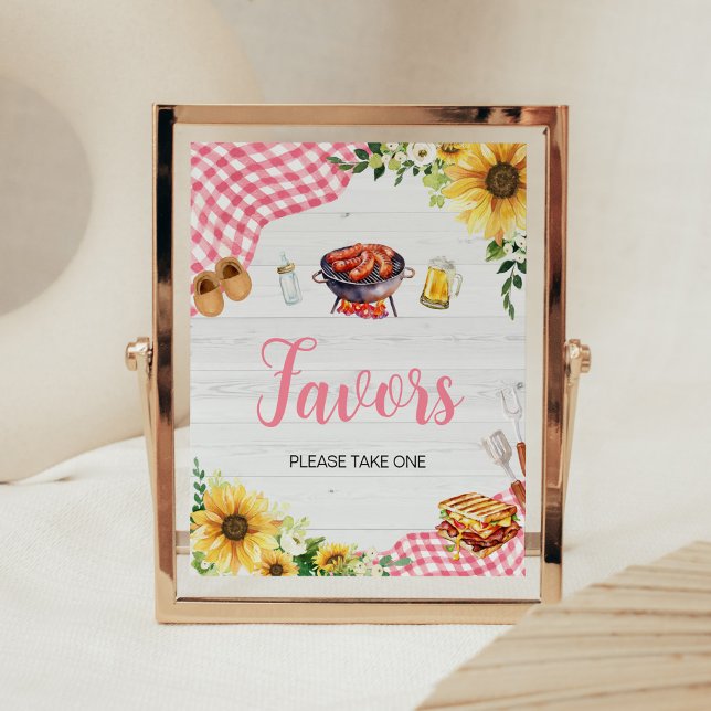 Pink Sunflower BBQ Baby Shower Favours Poster (Baby- Q Backyard Baby Shower Favors Sign)