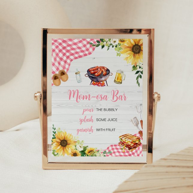 Pink Sunflower BBQ Baby Shower Mum Osa Bar Poster (Baby- Q Backyard Baby Shower Mom Osa Bar Sign)