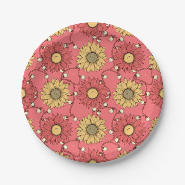 Pink Sunflowers Christmas Paper Plate (Front)