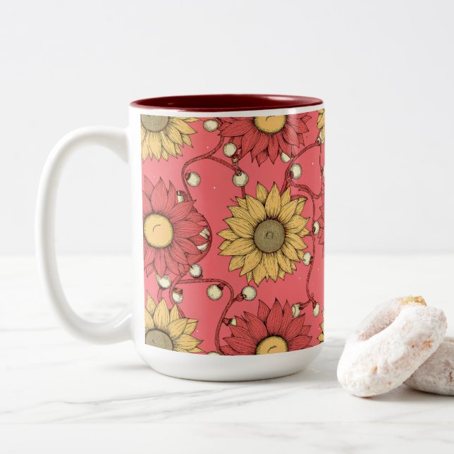 Pink Sunflowers Christmas Two-Tone Coffee Mug (With Donut)