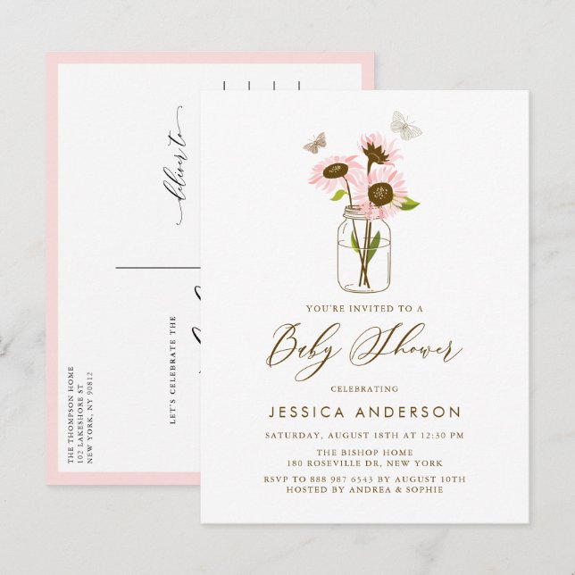 Pink Sunflowers in Mason Jar Baby Shower Invitation Postcard (Front/Back)
