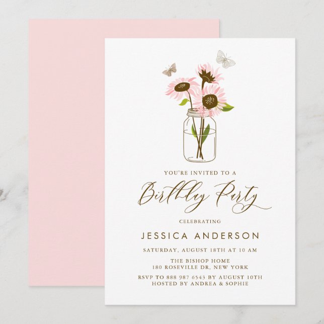 Pink Sunflowers in Mason Jar Birthday Party Invitation (Front/Back)