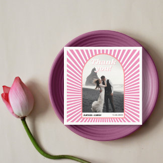 Pink sunrays retro groovy 70s inspired wedding napkin